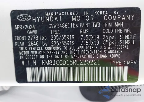2024 Hyundai Tucson Hybrid Sel Convenience z USA, uszkodzony, nr VIN KM8JCCD15RU220221